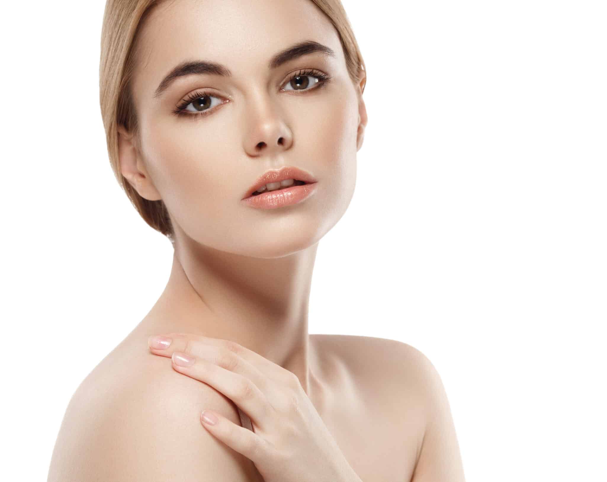 Beautiful woman beauty portrait close-up isolated on white neck liposuction Miami FL